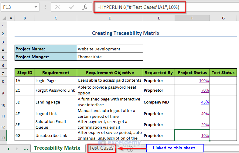 Project Progress with Linked Documents within Traceability Matrix
