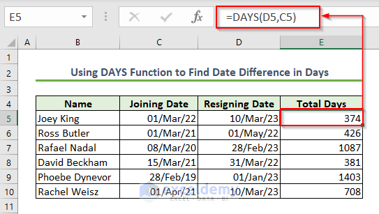 Use of DAYS Function to Find Date Difference in Days
