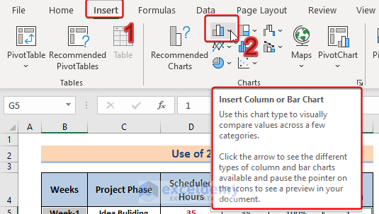 finding Insert Column or Bar Chart from the Insert tab