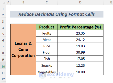 Reduce format cells to decrease decimals in Excel