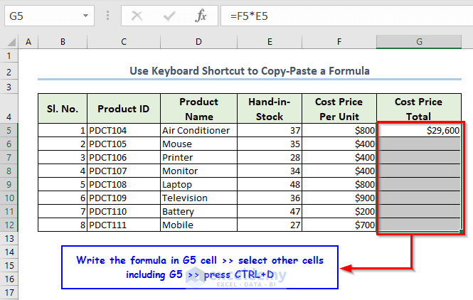 Use Keyboard Shortcut to Copy-Paste a Formula