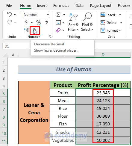 how to reduce decimals in excel