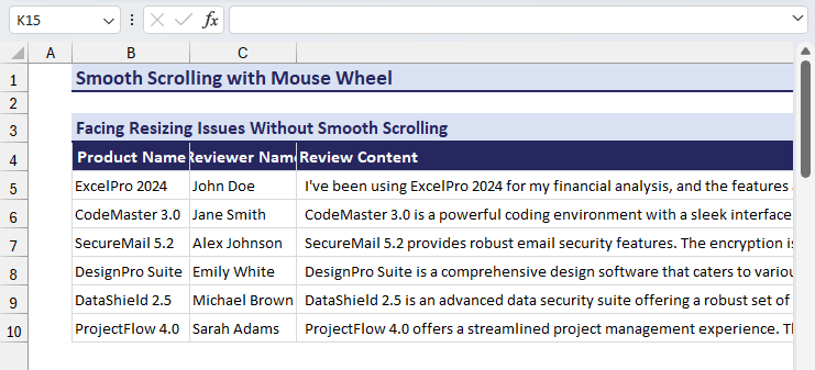 Resizing a large column is not happening without smooth scrolling