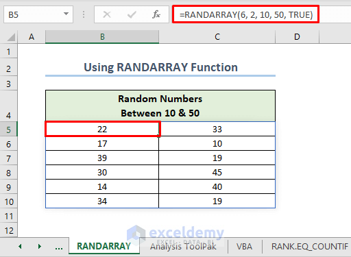 using RANDARRAY to get random numbers in 6 rows and 2 columns