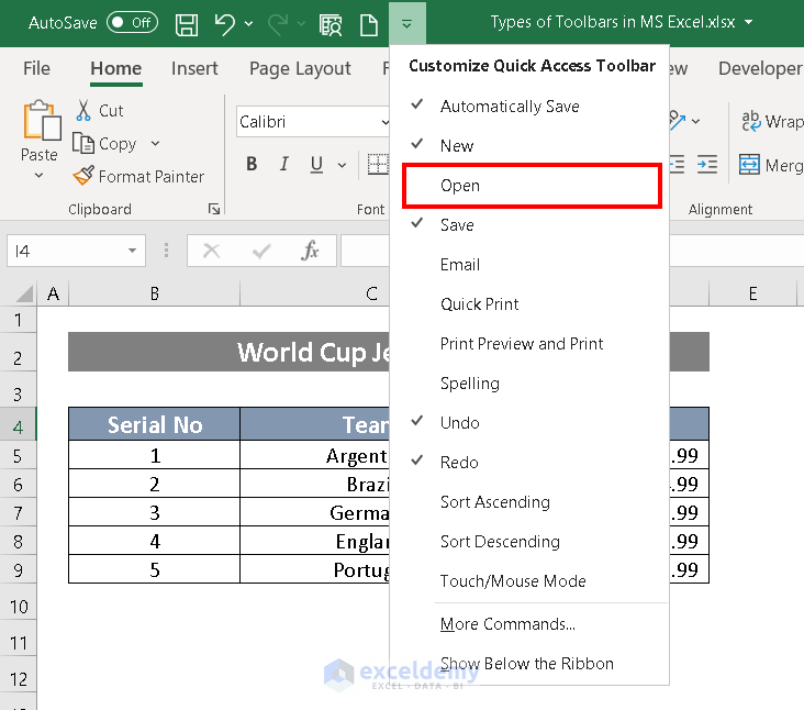 Types of Toolbars in MS Excel 