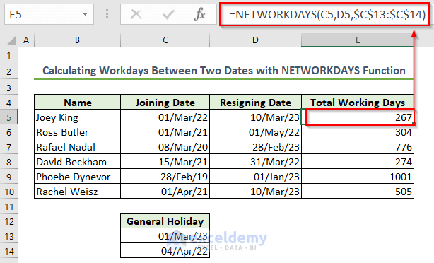 Use of NETWORKDAYS Function to Count Workdays