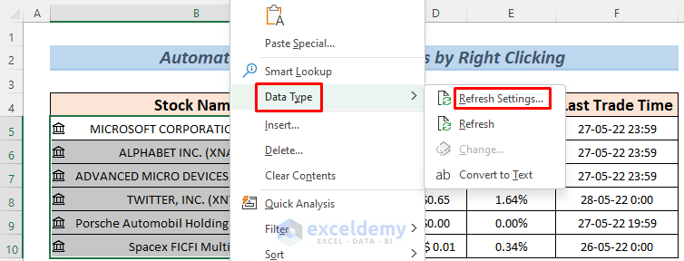 how do you automatically update stock prices in excel