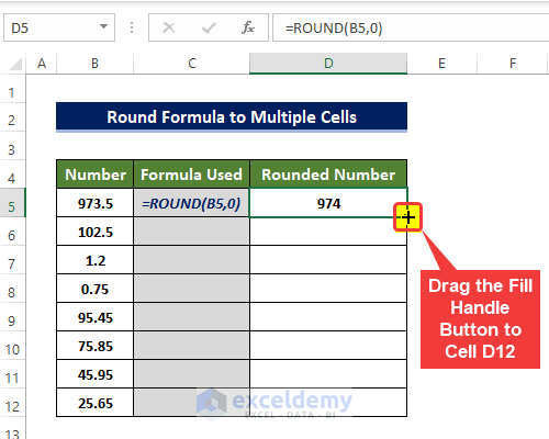 Dragging Fill Handle Icon to Add Round Formula to Multiple Cells in Excel