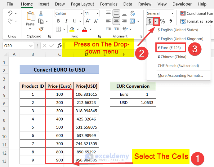 Convert Euro to USD in Excel