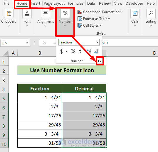 Access the Number Format Icon to Convert Fraction to Decimal