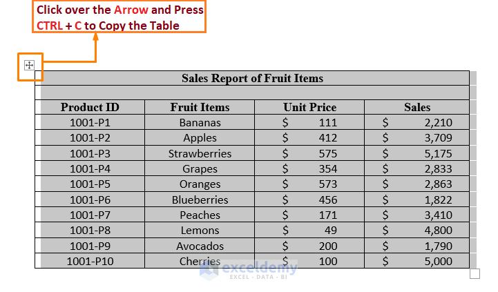 Convert Word Table to Excel Spreadsheet Apply Keyboard Shortcut