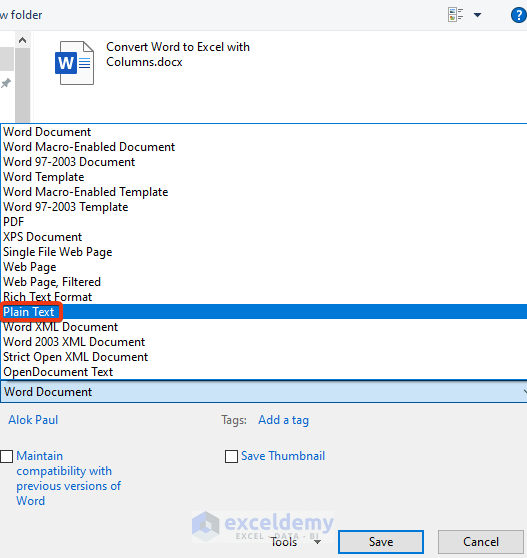 Convert Word to Text and then to Excel Combining ‘Save a Copy’ and ‘From Text/CSV’ Commands