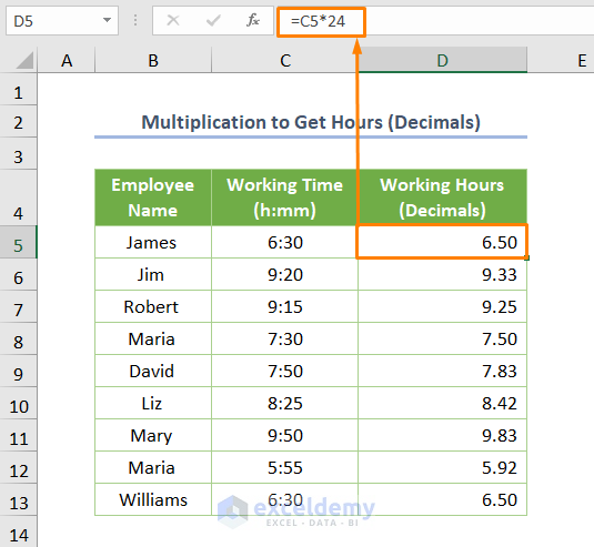 Converting Time to Decimals Hours in Excel Applying Simple Multiplication