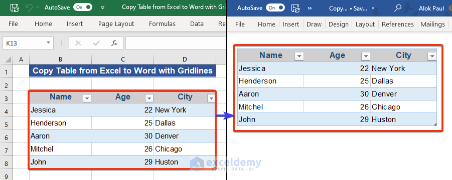 Copy table from Excel to word with gridlines