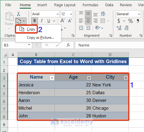 Copy and Paste from the Ribbon to Copy Table from Excel to Word