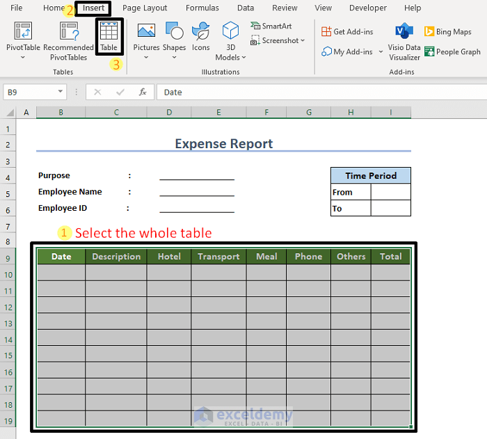 Turn the Data into a Table of Expense report