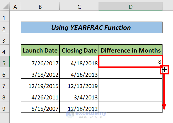 Using YEARFRAC along with INT or ROUNDUP Functions