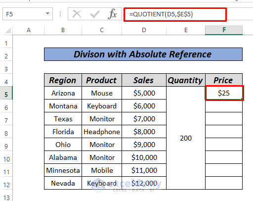 Division Formula in Excel with Absolute Reference by QUOTUENT function