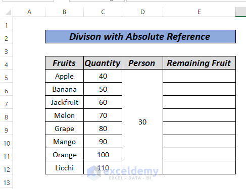 Division Formula in Excel with Absolute Reference by MOD function