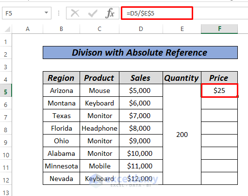 Division Formula in Excel with Absolute Reference by constant number