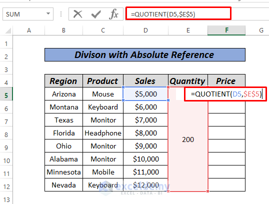 Division Formula in Excel with Absolute Reference by QUOTUENT function