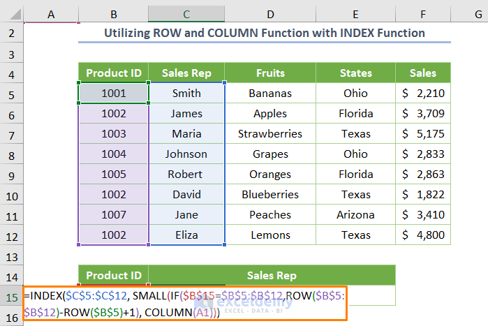 Excel Drag Formula Horizontally with Vertical Reference Utilizing ROW and COLUMN Functions with INDEX Function
