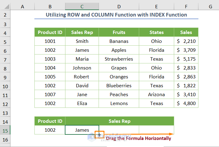 Excel Drag Formula Horizontally with Vertical Reference Utilizing ROW and COLUMN Functions with INDEX Function