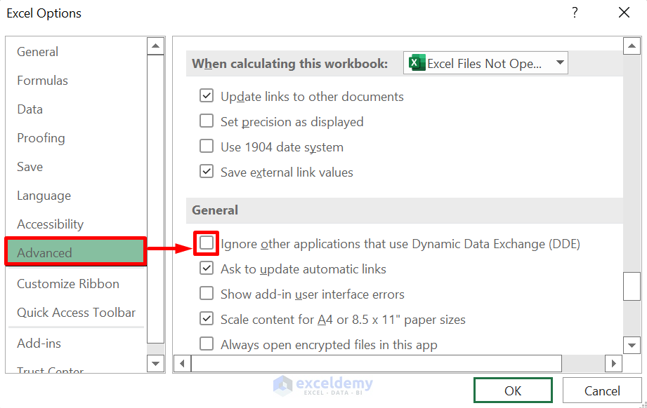 Unmark Ignore DDE Option to fix the problem when Excel files are not opening from file explorer.