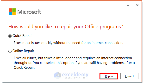 Repair Your Microsoft Office to fix the problem when Excel files are not opening from file explorer.