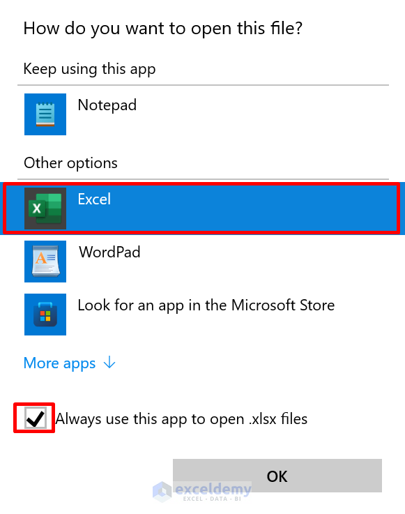 Choose the Correct Application to fix the problem when Excel files are not opening from file explorer.