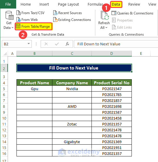 Applying Power Query toFill Down to Next Value in Excel 