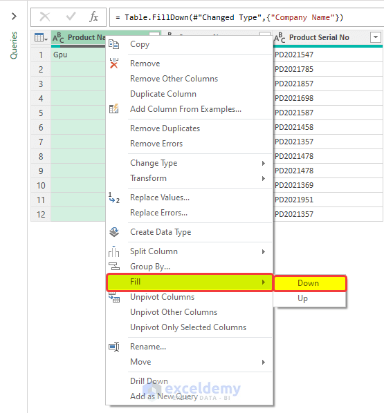 Applying Power Query toFill Down to Next Value in Excel 