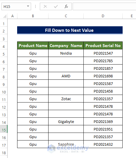 Using Fill Handle to Fill Down to Next Value in Excel 