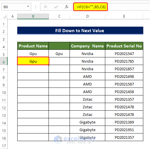Using Combined Formula Fill Down to Next Value in Excel 