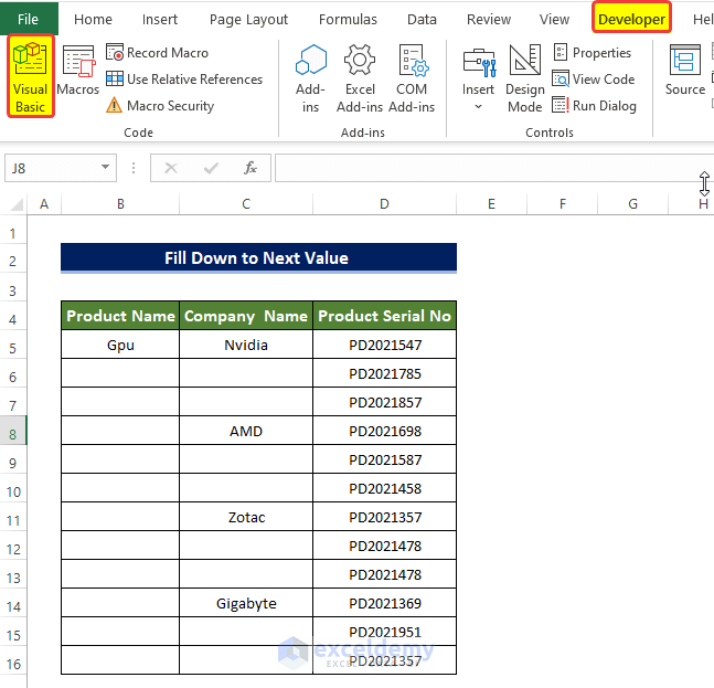 Embedding VBA Macro to Fill Down to Next Value in Excel 
