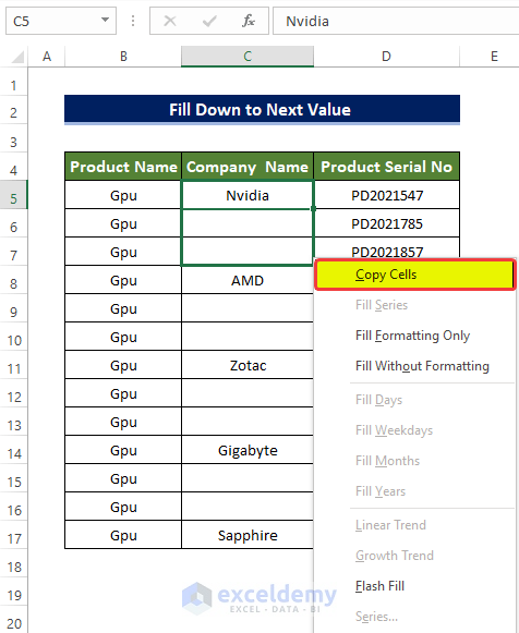 Using Fill Handle to Fill Down to Next Value in Excel 