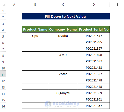 Fill Down to Next Value in Excel 