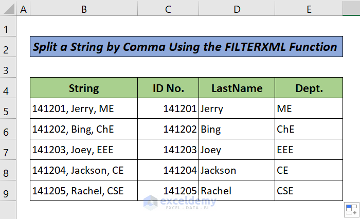 Split a String by Comma Using the FILTERXML Function in Excel (Result)