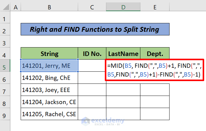 Formula with MID and FIND Functions to Split String in Excel