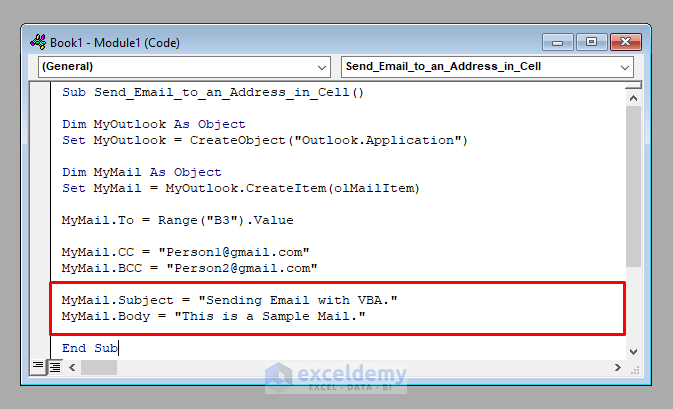 Inserting Mail Subject and Mail Body Excel Macro to Send Email to an Address in a Cell