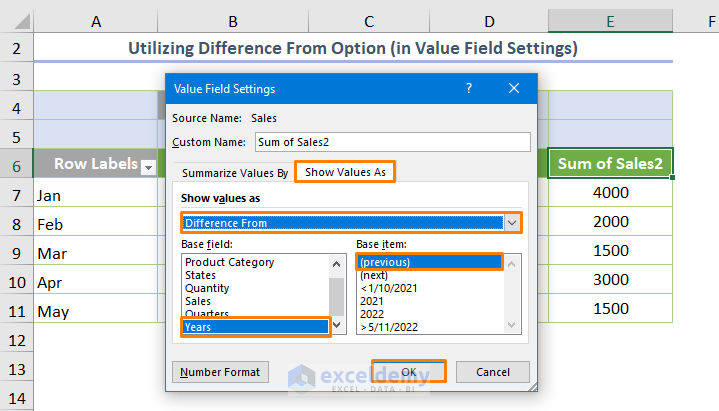 Excel Pivot Table Difference between Two Columns Utilizing Difference from Value Field Settings Option 