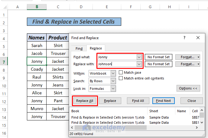 Excel Replace Text in Selected Cells in workbook