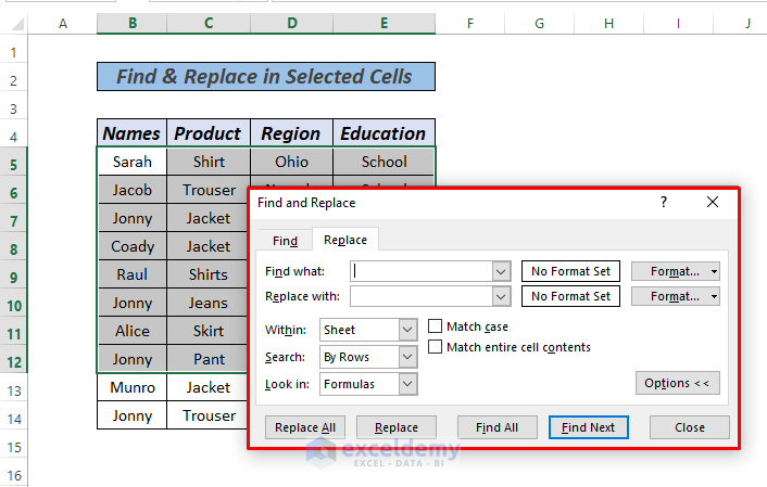 Excel Replace Text in Selected Cells using Shortcut