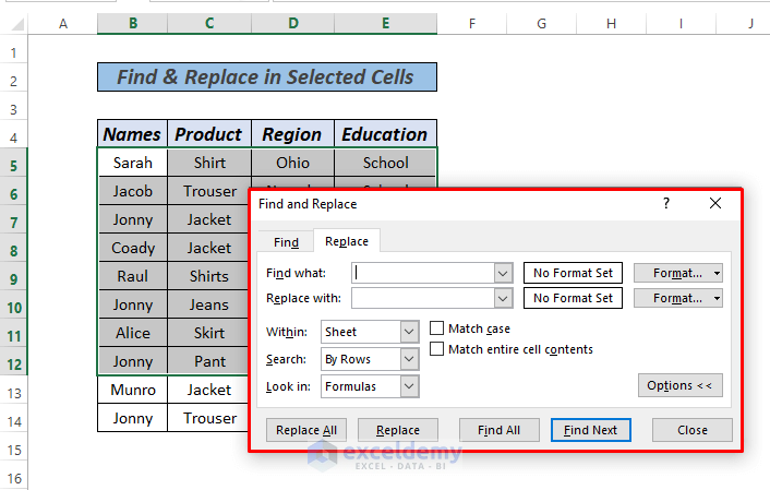 Excel Replace Text in Selected Cells using Find and Replace feature