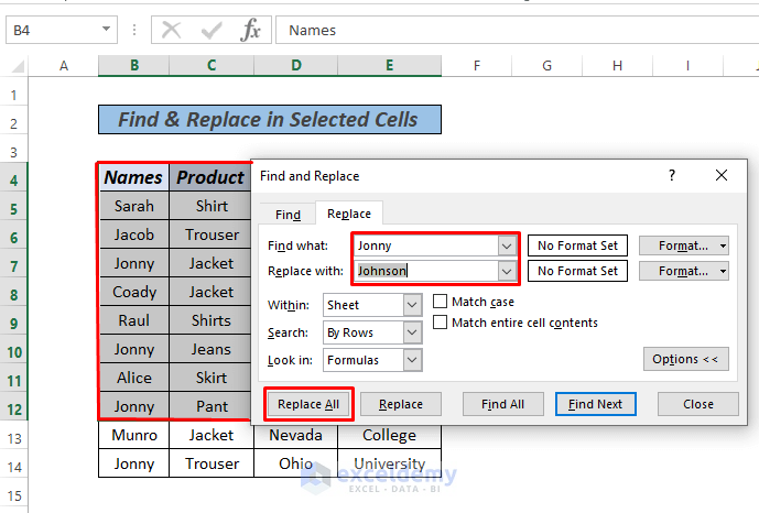 Excel Replace Text in Selected Cells using Find and Replace feature