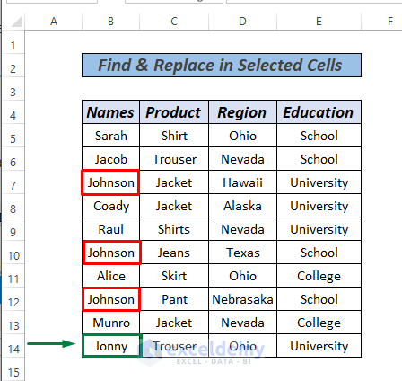 Excel Replace Text in Selected Cells using Find and Replace feature
