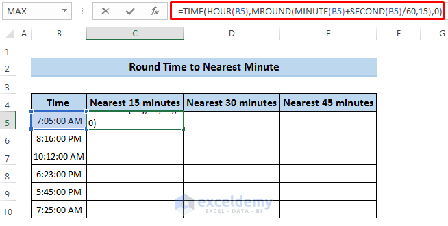 Excel Round Time to Nearest Minute Using COMBINATION Function