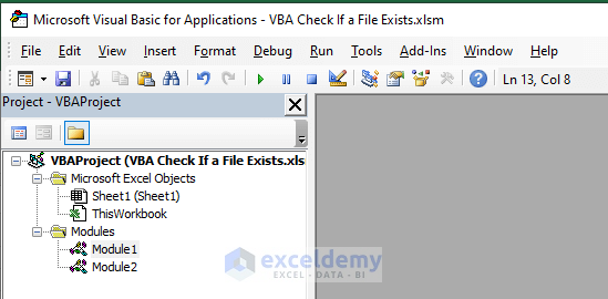 Opening VBA Window to Check If a File Exists in Excel VBA
