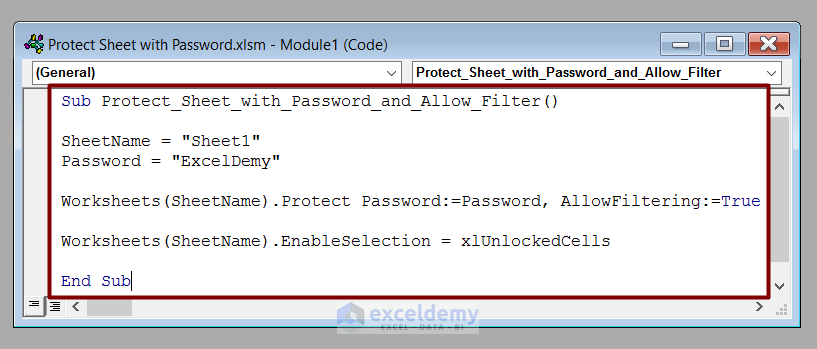 Putting VBA Code to Protect Sheet with Password and Allow Filter