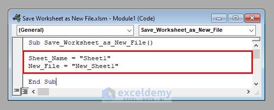 Code Inputs to Save a Worksheet as a New File Using Excel VBA